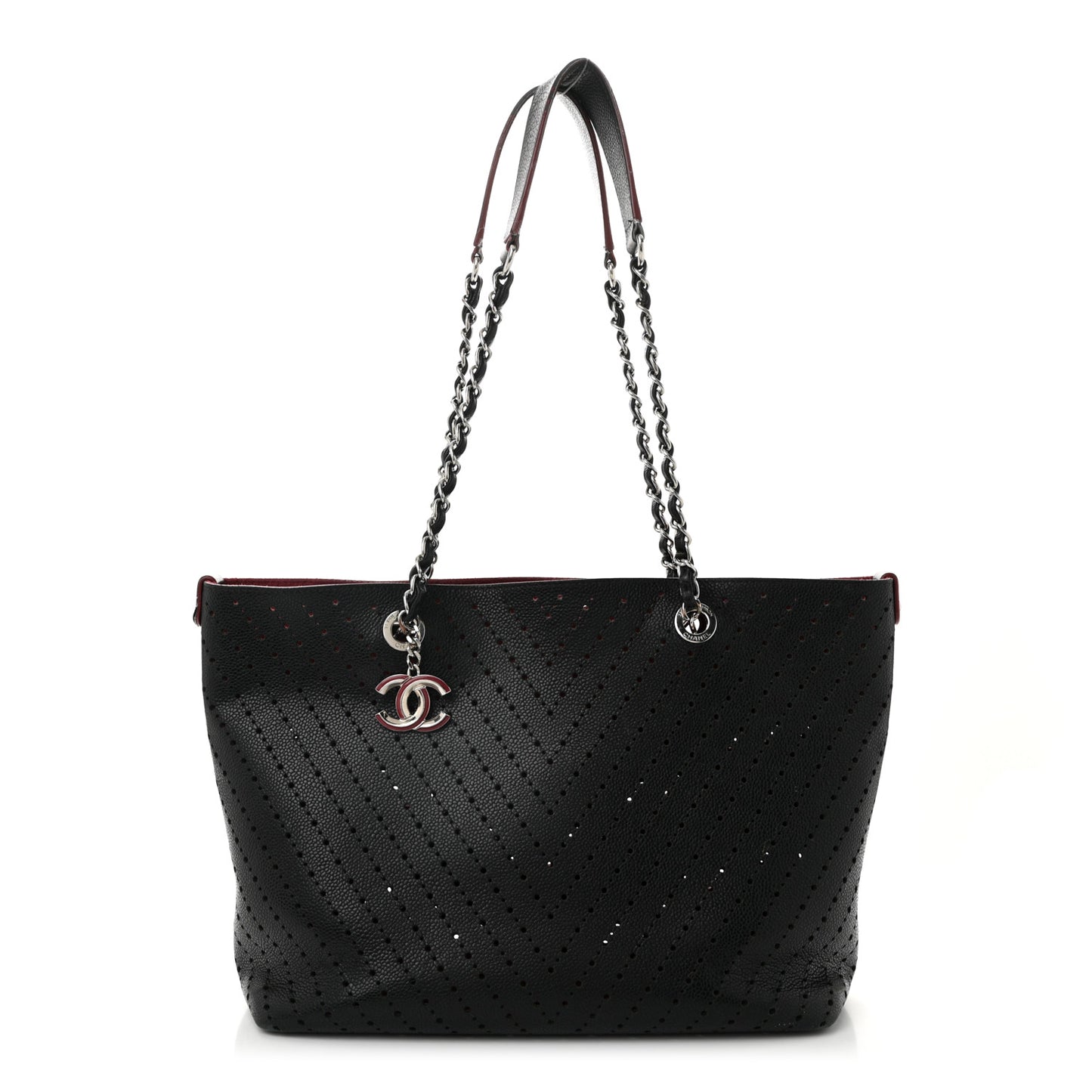 Perforated Grained Calfskin Large Shopping Tote Black