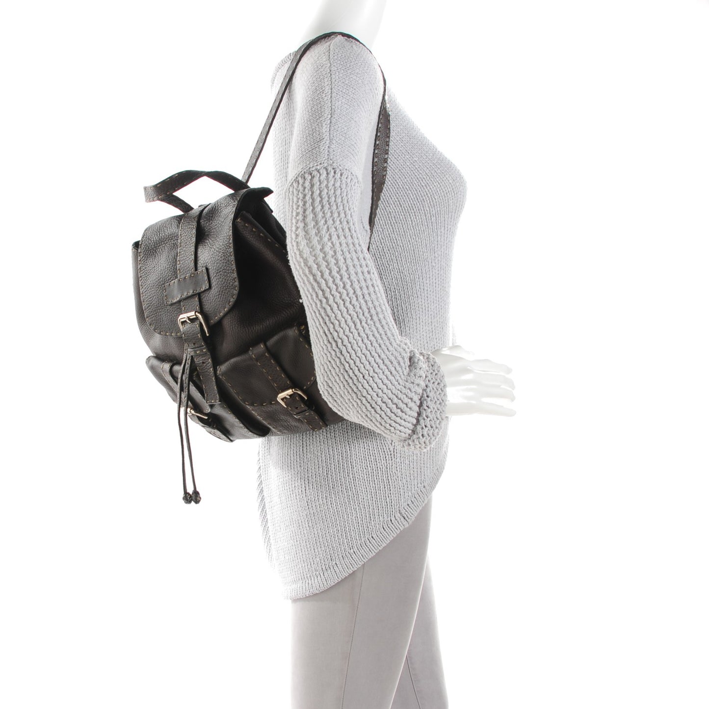 Calfskin Romano Selleria Drawstring Backpack Brown
