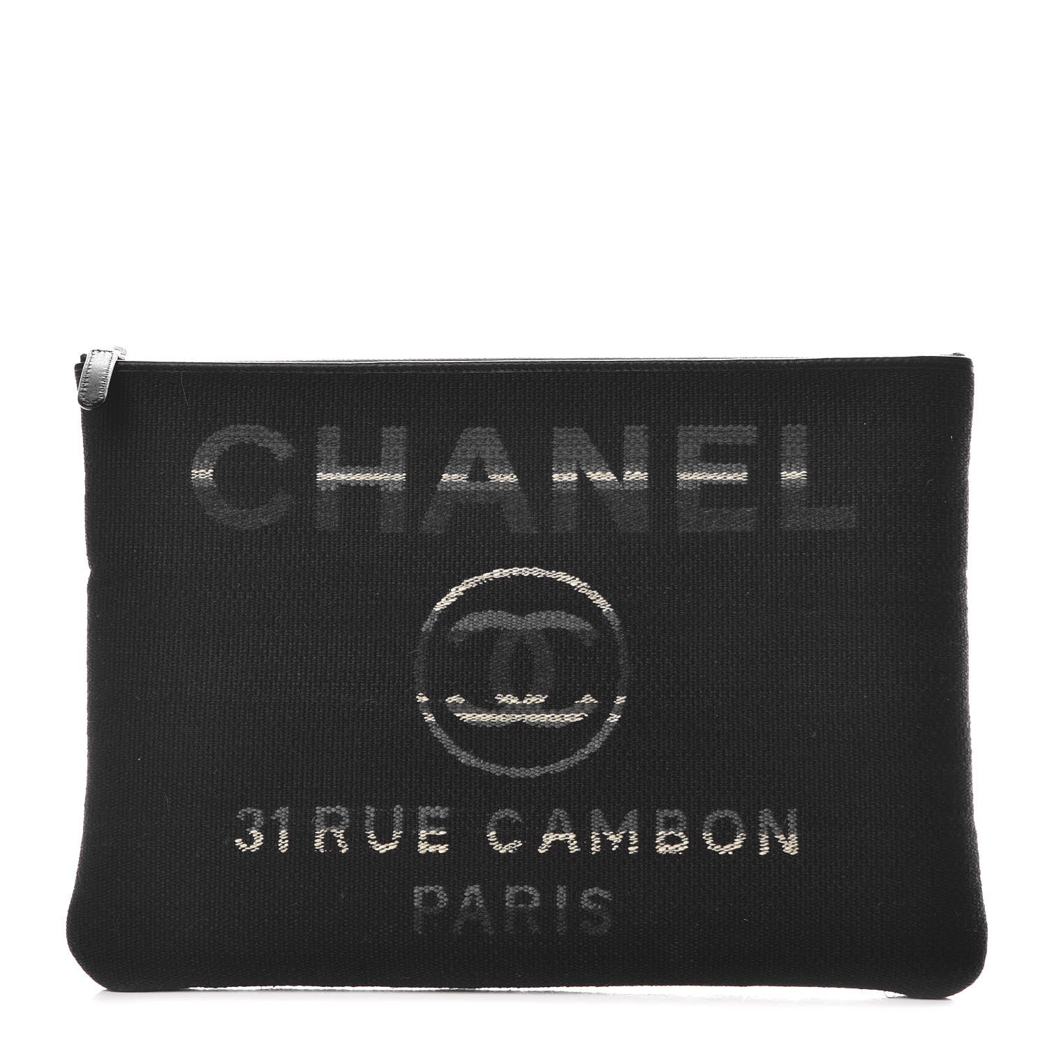 Chanel Striped Canvas Large Deauville Pouch Clutch Black 1 of 10