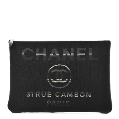 Chanel Striped Canvas Large Deauville Pouch Clutch Black 1 of 10