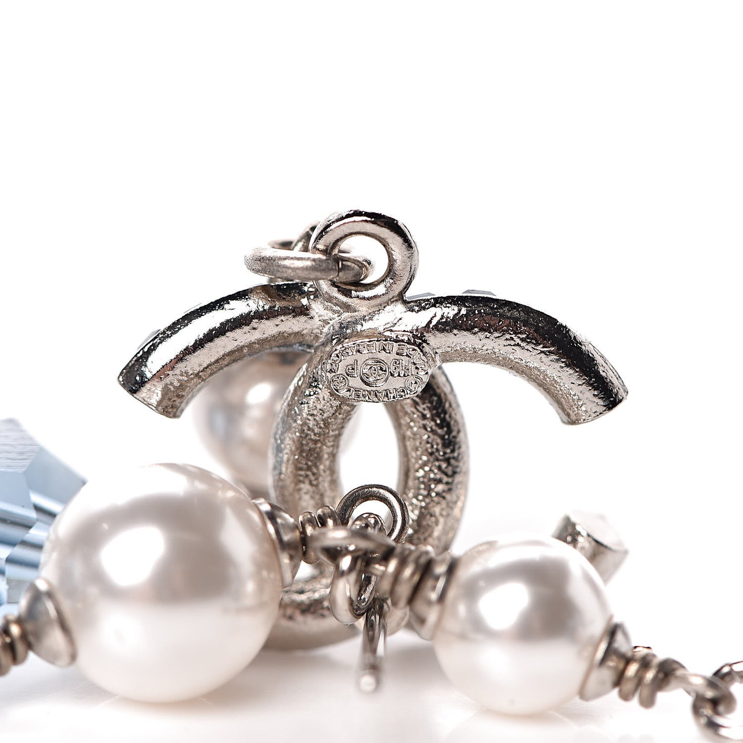 Crystal Pearl Bead CC Long Drop Earrings Silver Blue
