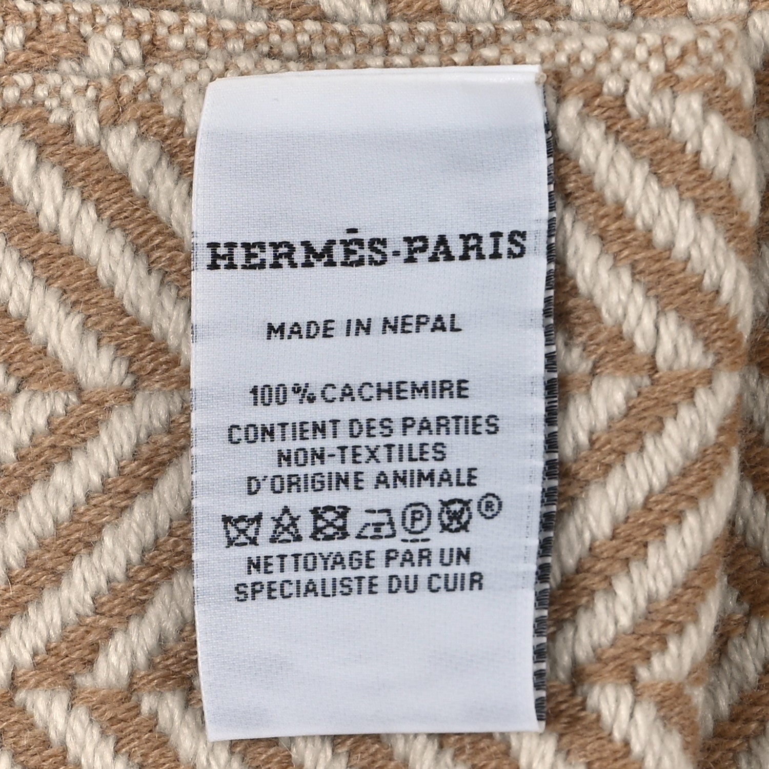 Hermes Cashmere H Chevron Fringe Stole Camel Ivory 3 of 3