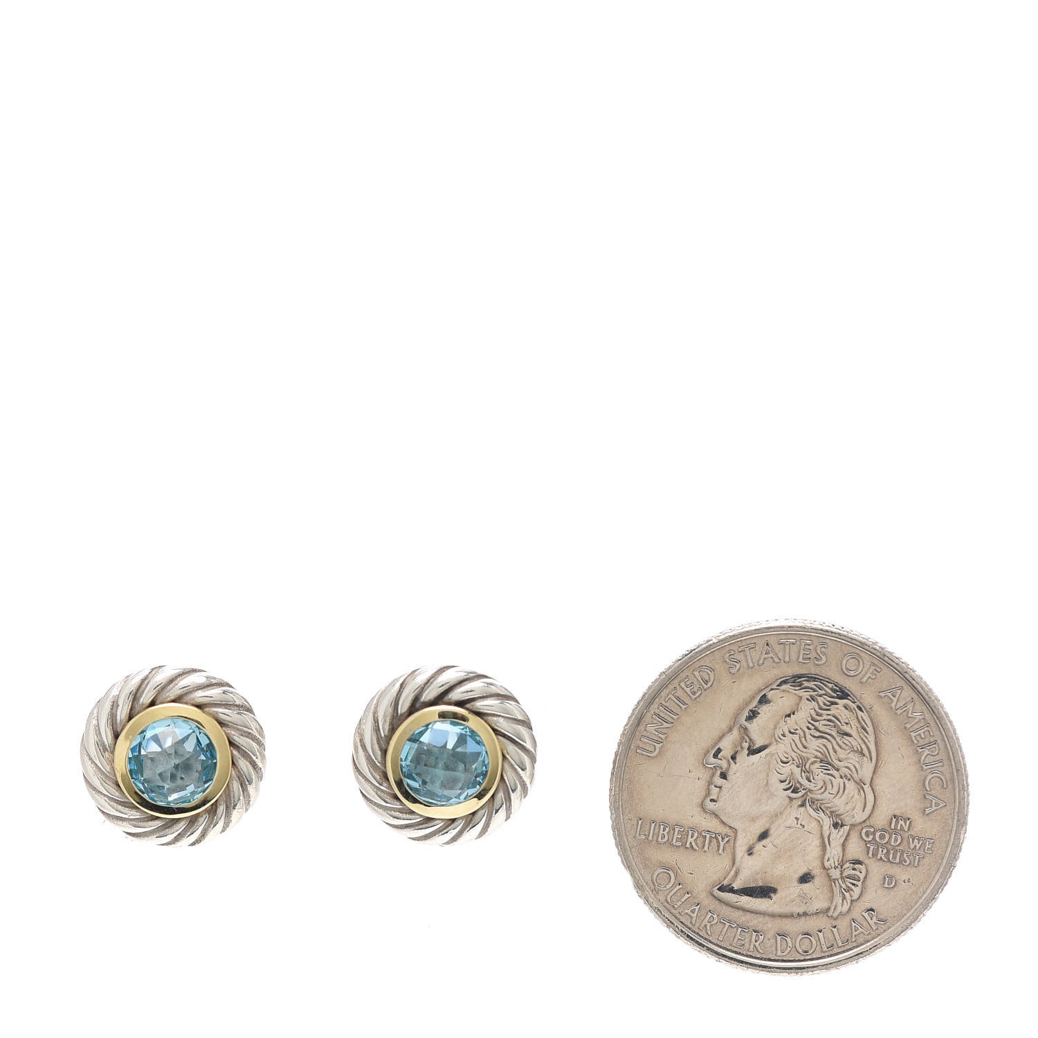 David Yurman Sterling Silver 18K Yellow Gold Blue Topaz Cookie Cable Earrings 2 of 4