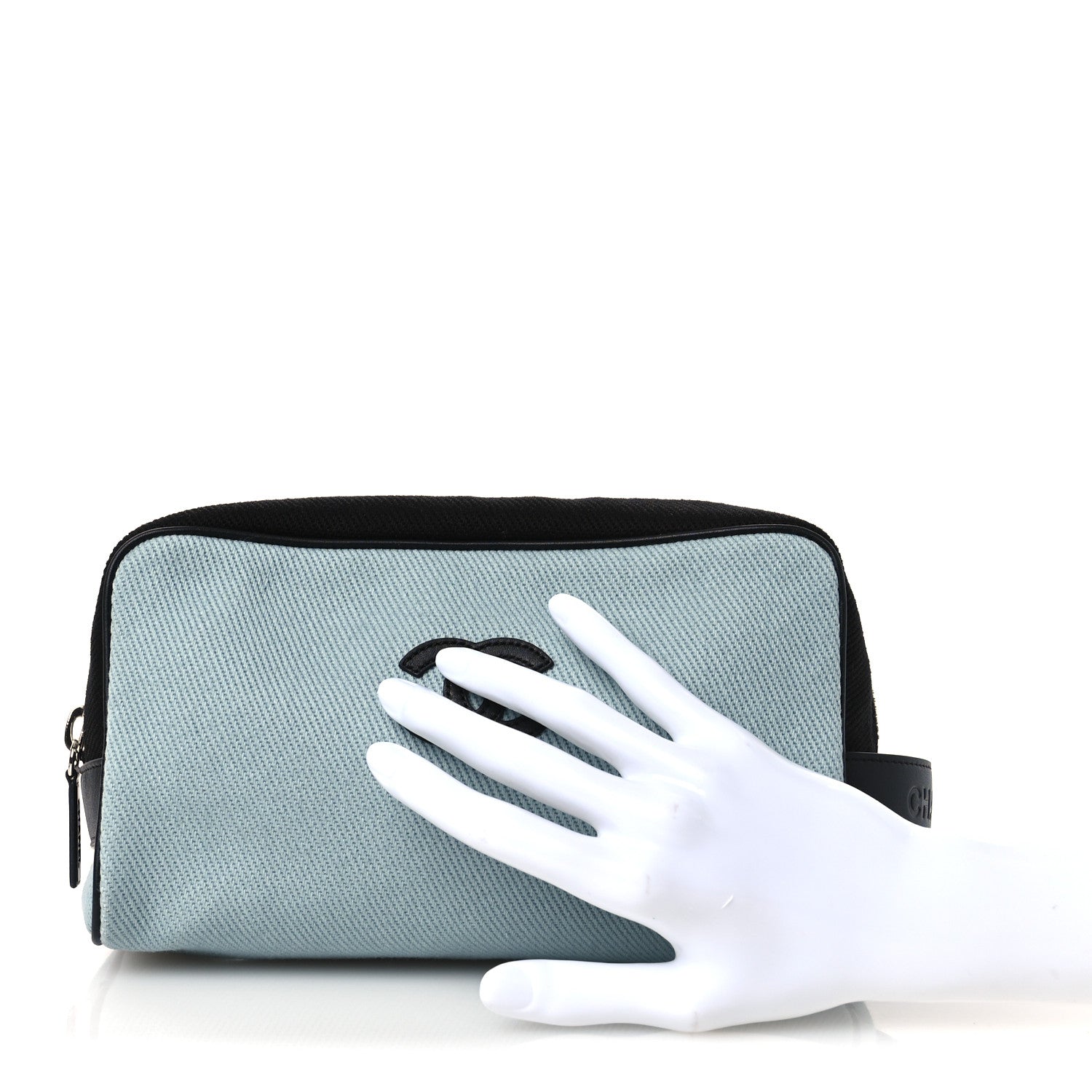 Chanel Canvas Calfskin Large Zippered Pouch Blue Black 2 of 10