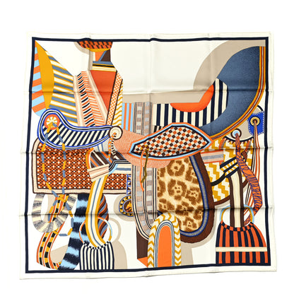 Hermes Silk La Selle Imaginaire Scarf 90 White Bleu Brune 1 of 4