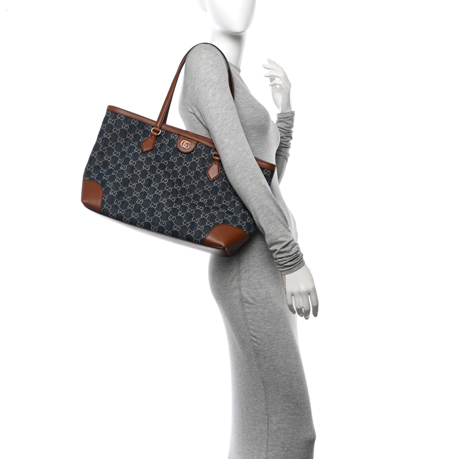 Gucci New Denim GG Monogram Medium Ophidia Shopping Tote Blue Tea Cuir 2 of 11