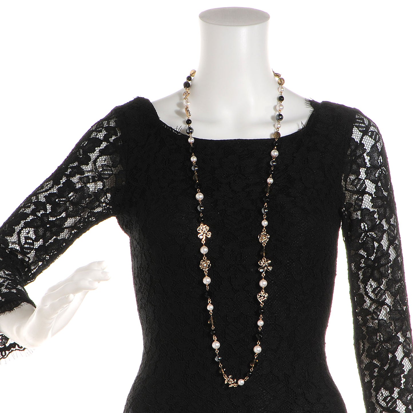 Pearl Crystal CC Beaded Lucky Charms Long Necklace Gold