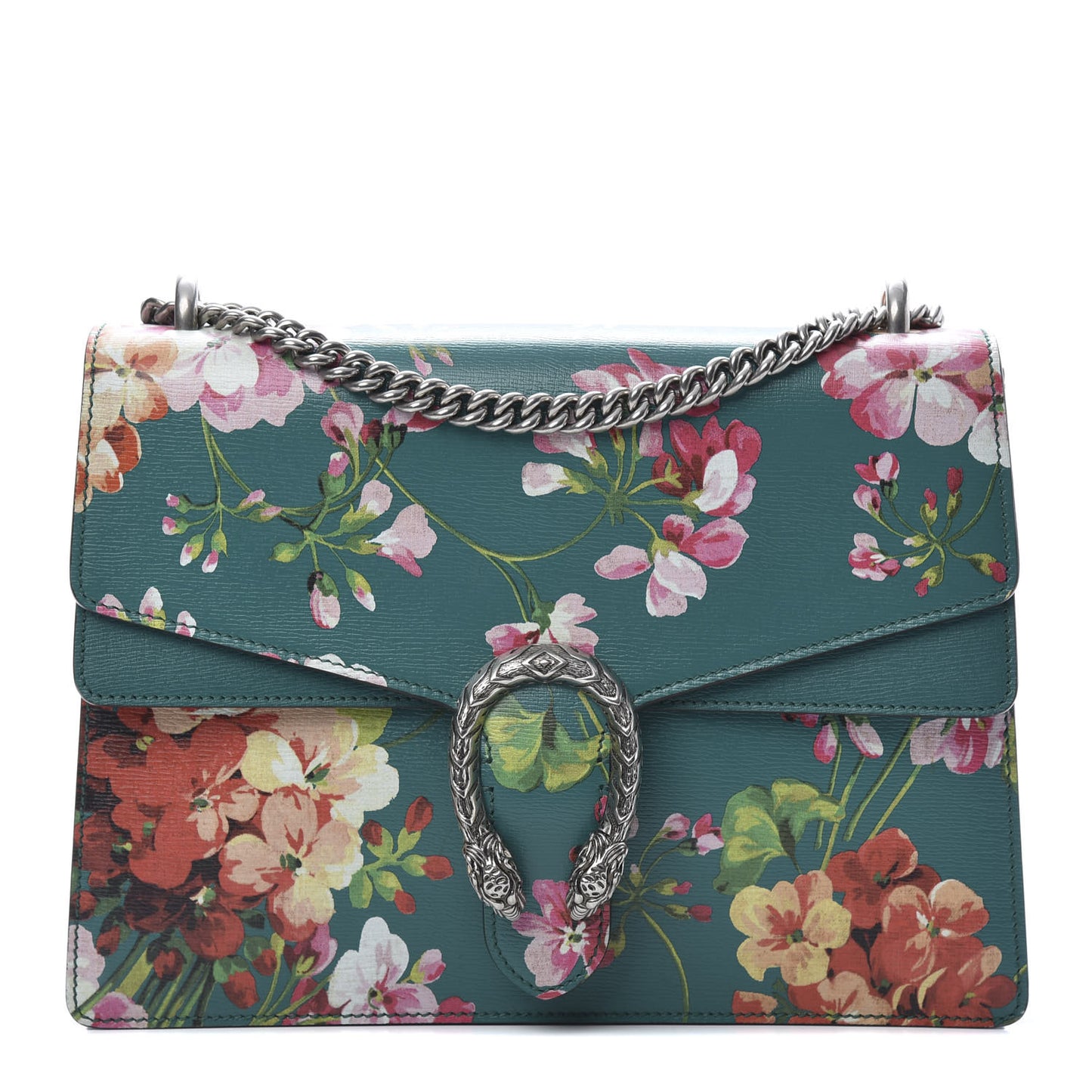 Calfskin Blooms Print Medium Dionysus Shoulder Bag Bright Emerald Multicolor