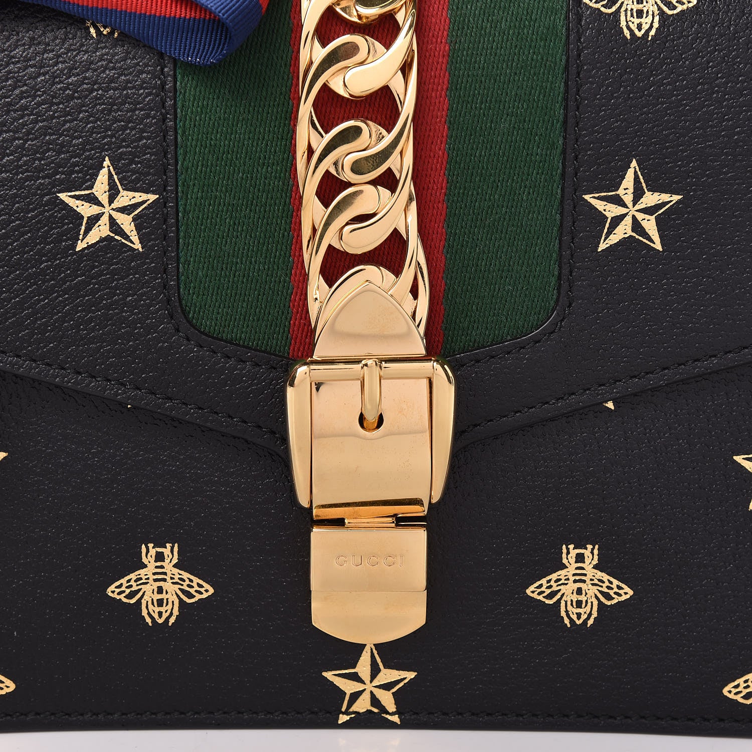 Gucci Textured Calfskin Bee Star Print Small Sylvie Shoulder Bag Black 10 of 10