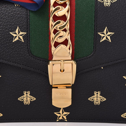 Gucci Textured Calfskin Bee Star Print Small Sylvie Shoulder Bag Black 10 of 10