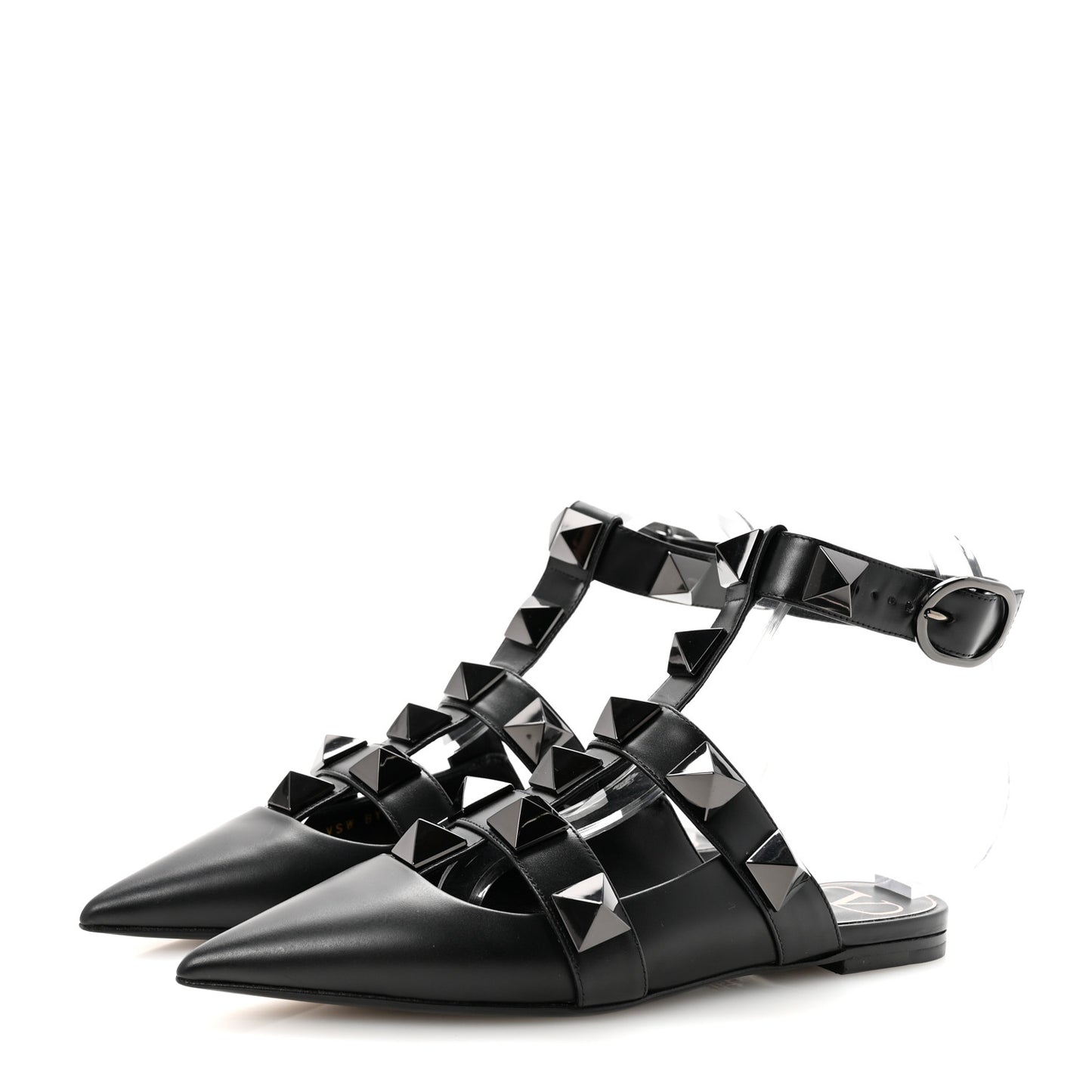 Calfskin Monochrome Roman Stud Ankle Strap Flat Mules 35 Black