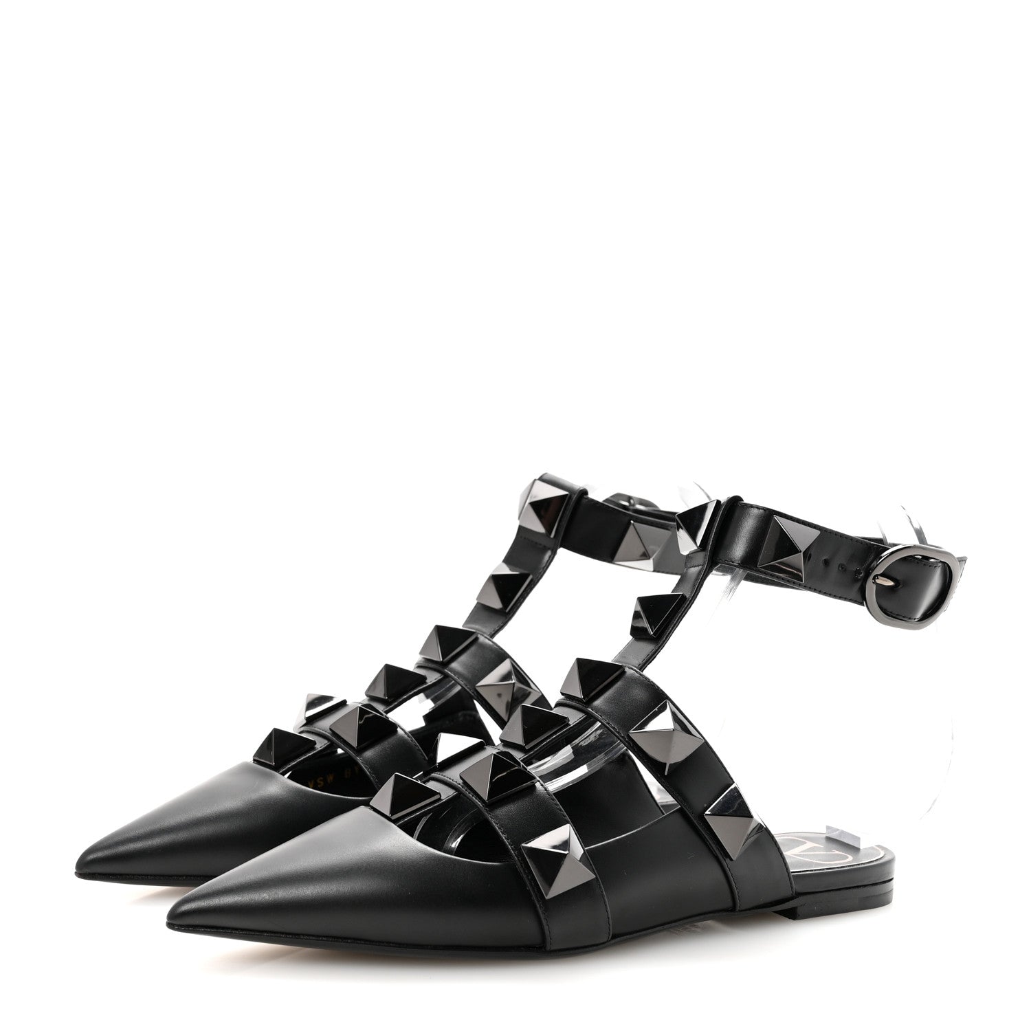 Valentino Garavani Calfskin Monochrome Roman Stud Ankle Strap Flat Mules 35 Black 4 of 9