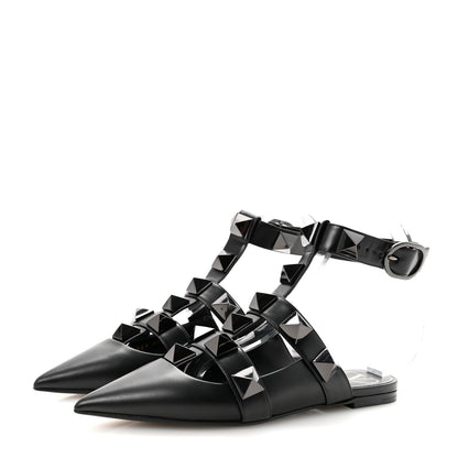Valentino Garavani Calfskin Monochrome Roman Stud Ankle Strap Flat Mules 35 Black 4 of 9