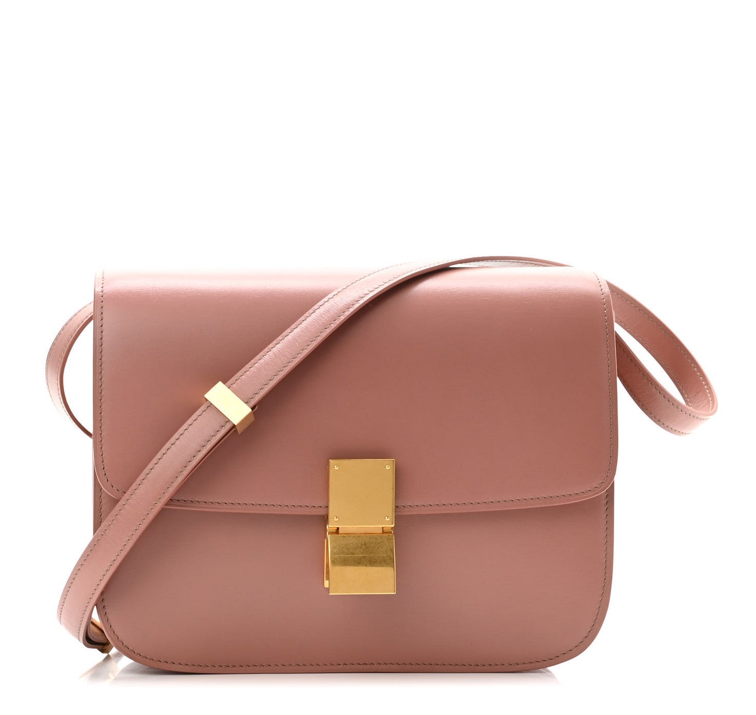 a photo of a light pink CELINE Box Calfskin Teen Classic Box Flap Bag in the color Antique Rose from FASHIONPHILE