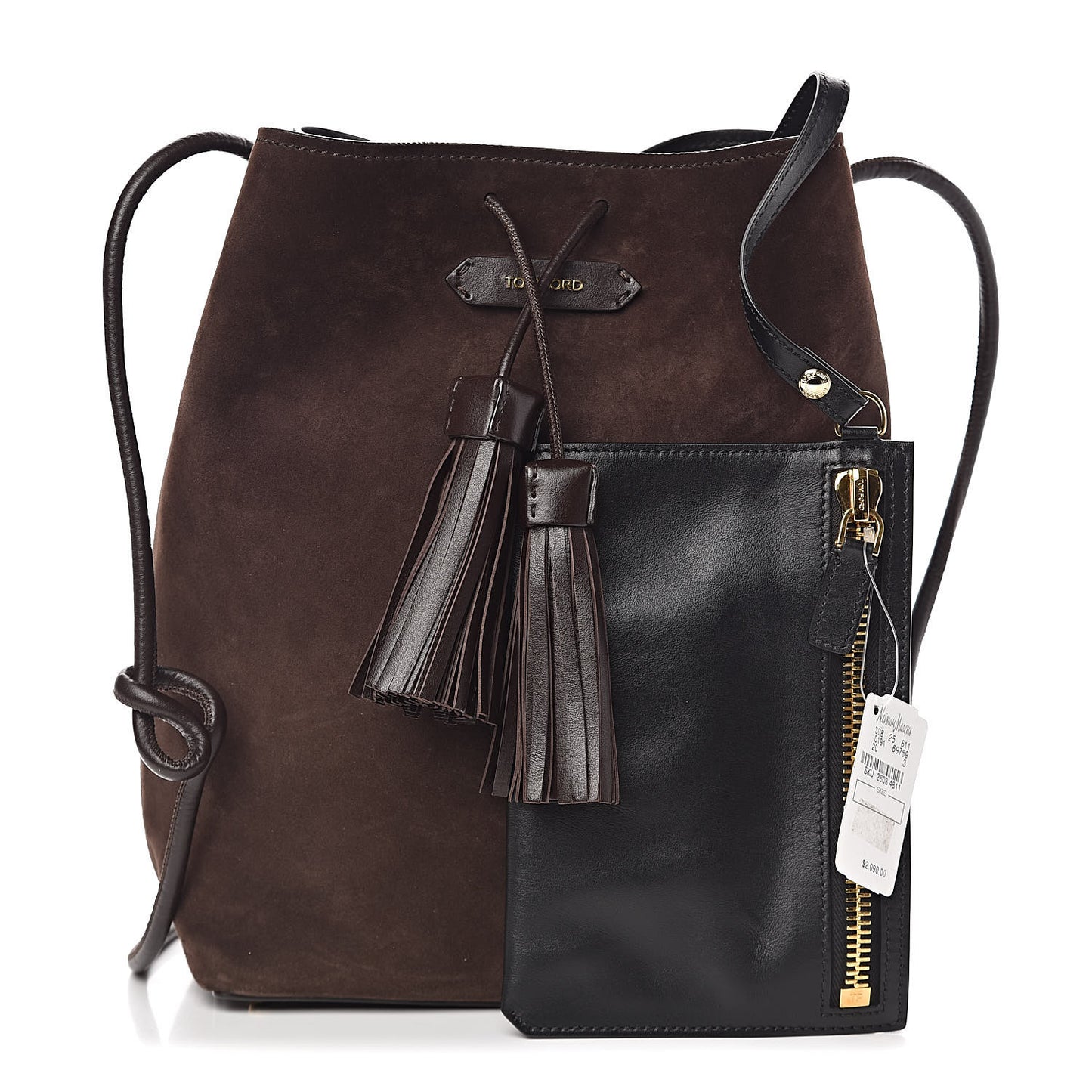 Suede Medium Double Tassel Bucket Bag Dark Brown