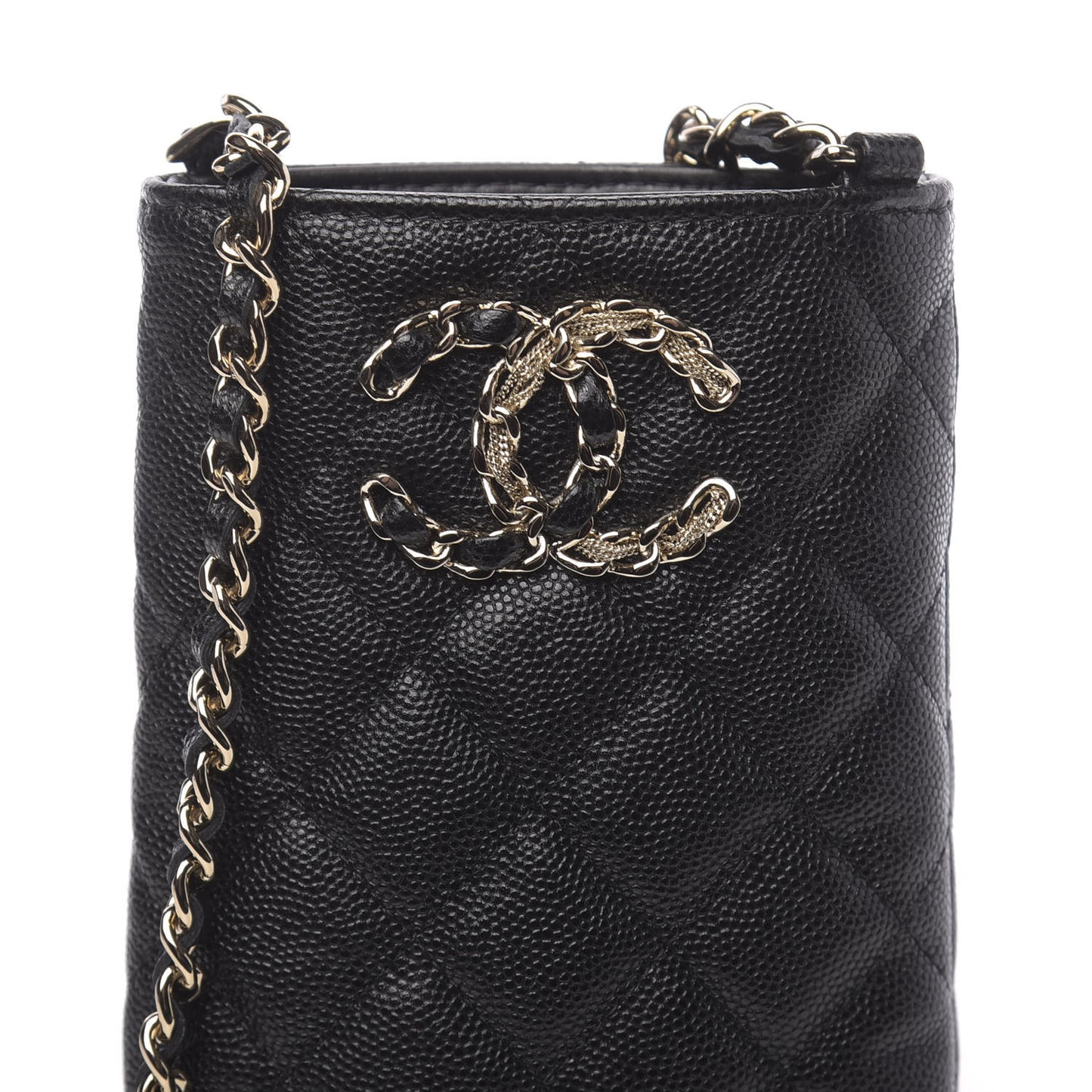 Caviar Quilted French New Wave Phone Holder With Chain Black