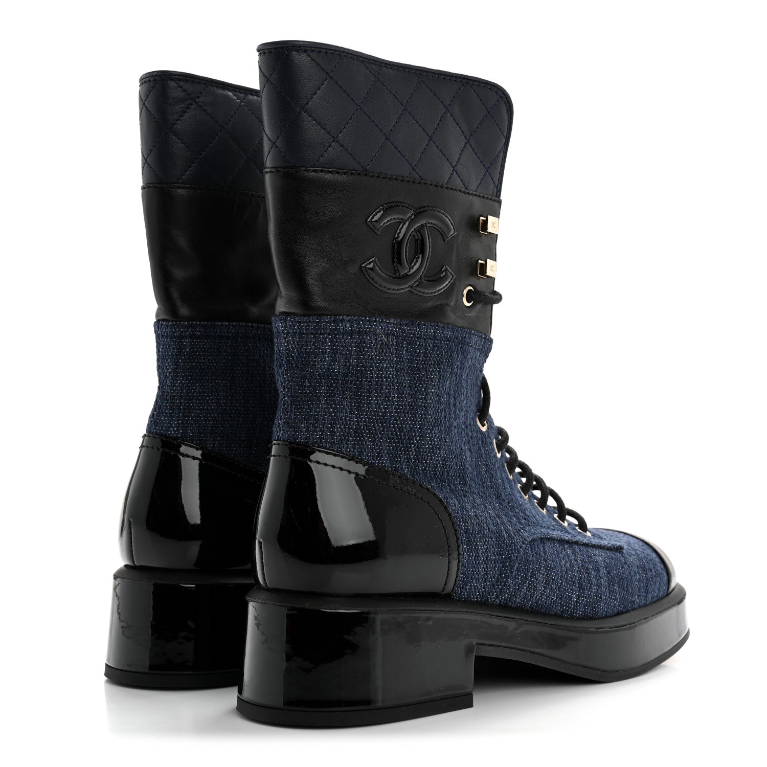 Chanel Denim Patent Lambskin Quilted CC Lace Up Combat Boots 38