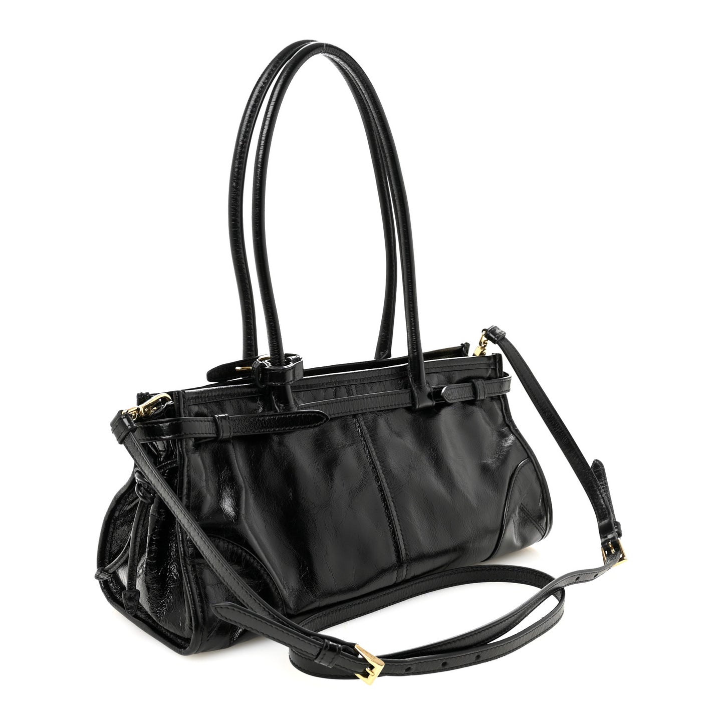 Glossy Calfskin Triangle Medium Bonnie Shoulder Bag Black