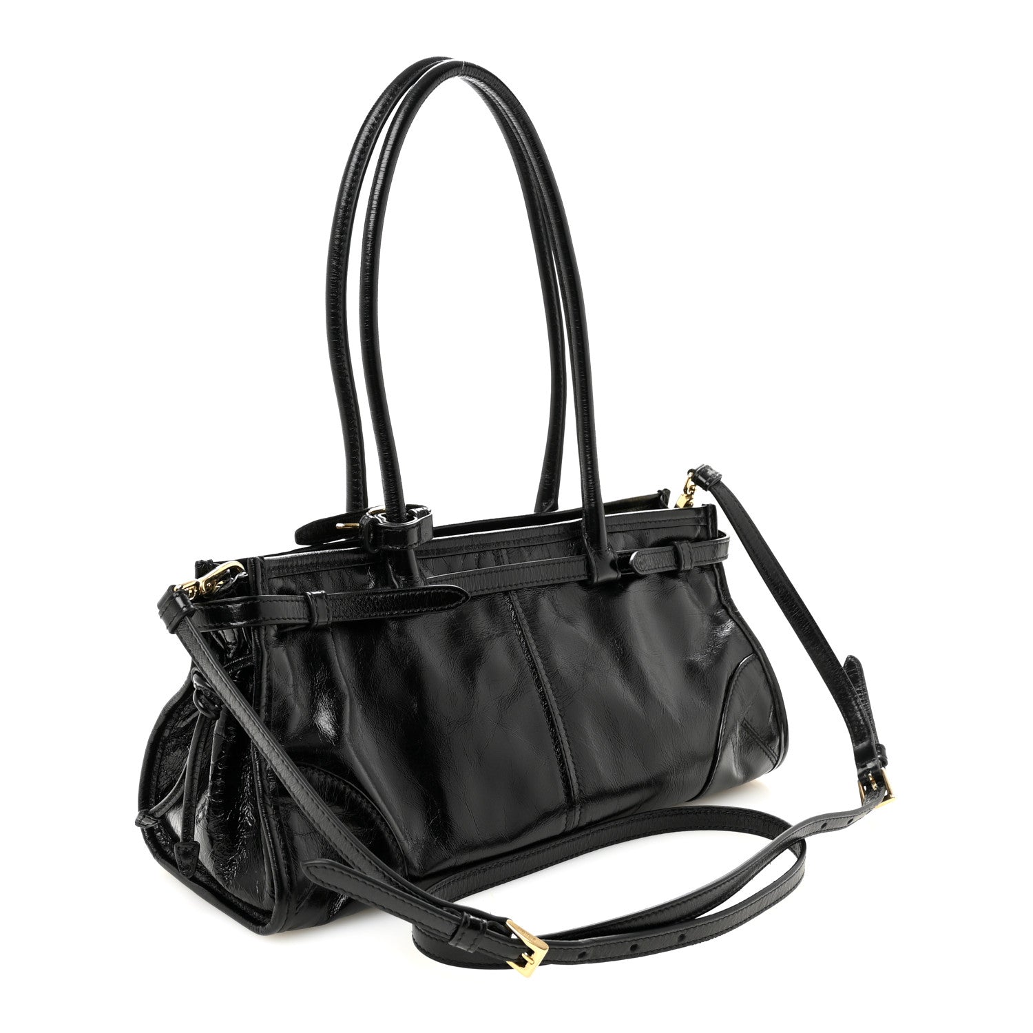 Prada Glossy Calfskin Triangle Medium Bonnie Shoulder Bag Black 3 of 9