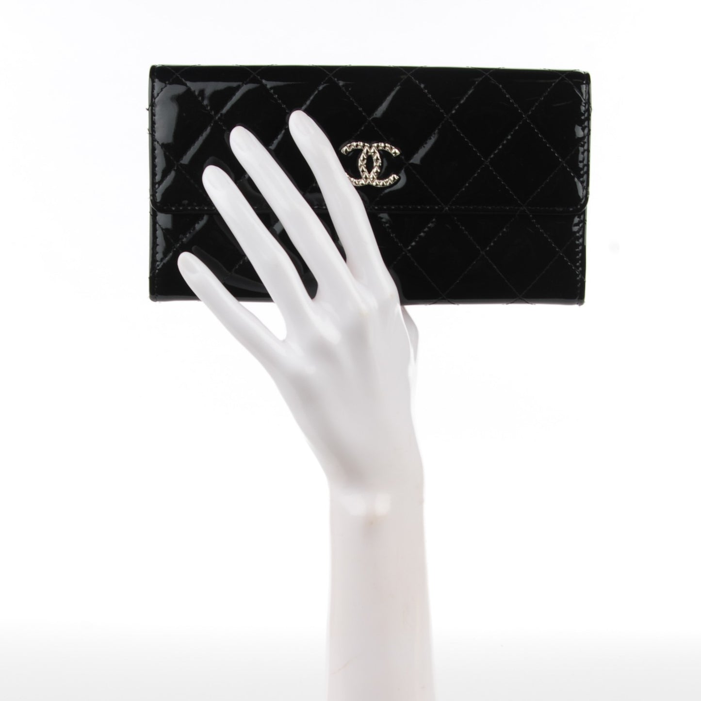 Patent Quilted Large Brilliant Flap Wallet Black