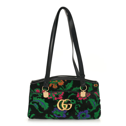 Gucci Velvet Jacquard Floral Embroidered Large Arli Top Handle Bag Black Green Multicolor 1 of 11