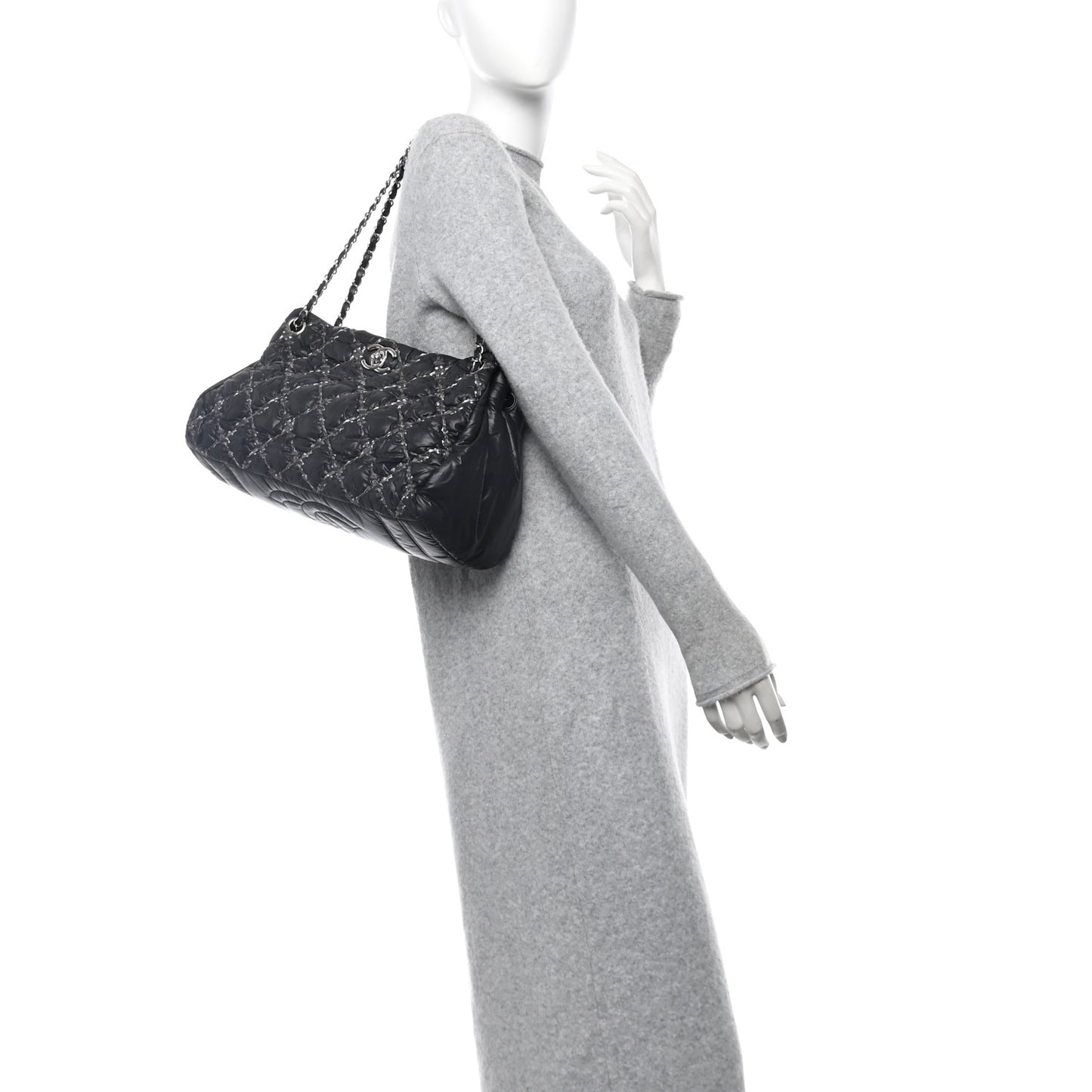 Nylon Quilted Tweed Stitch Bubble Tote Black