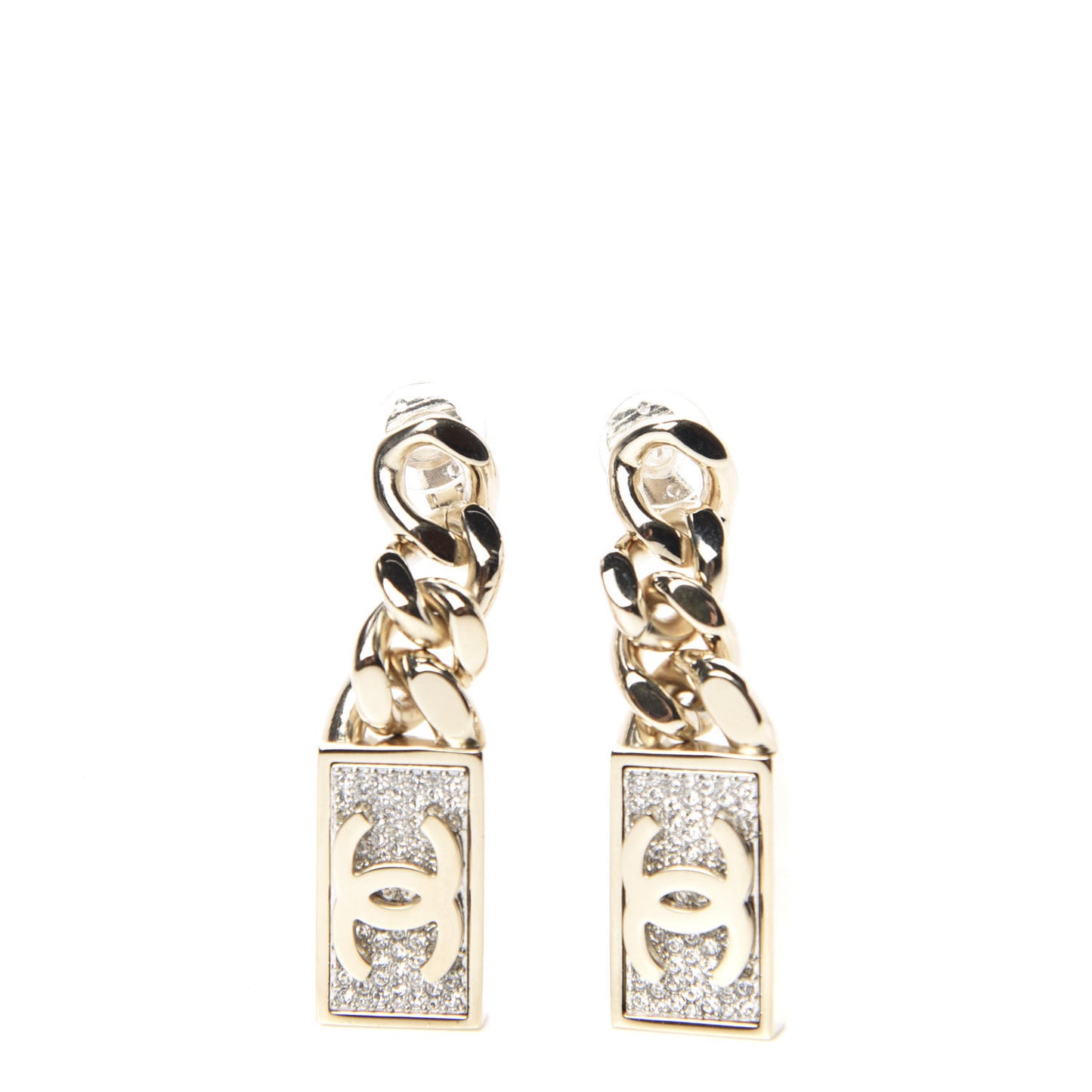 Crystal Dog Tag Charm Clip On Earrings Gold