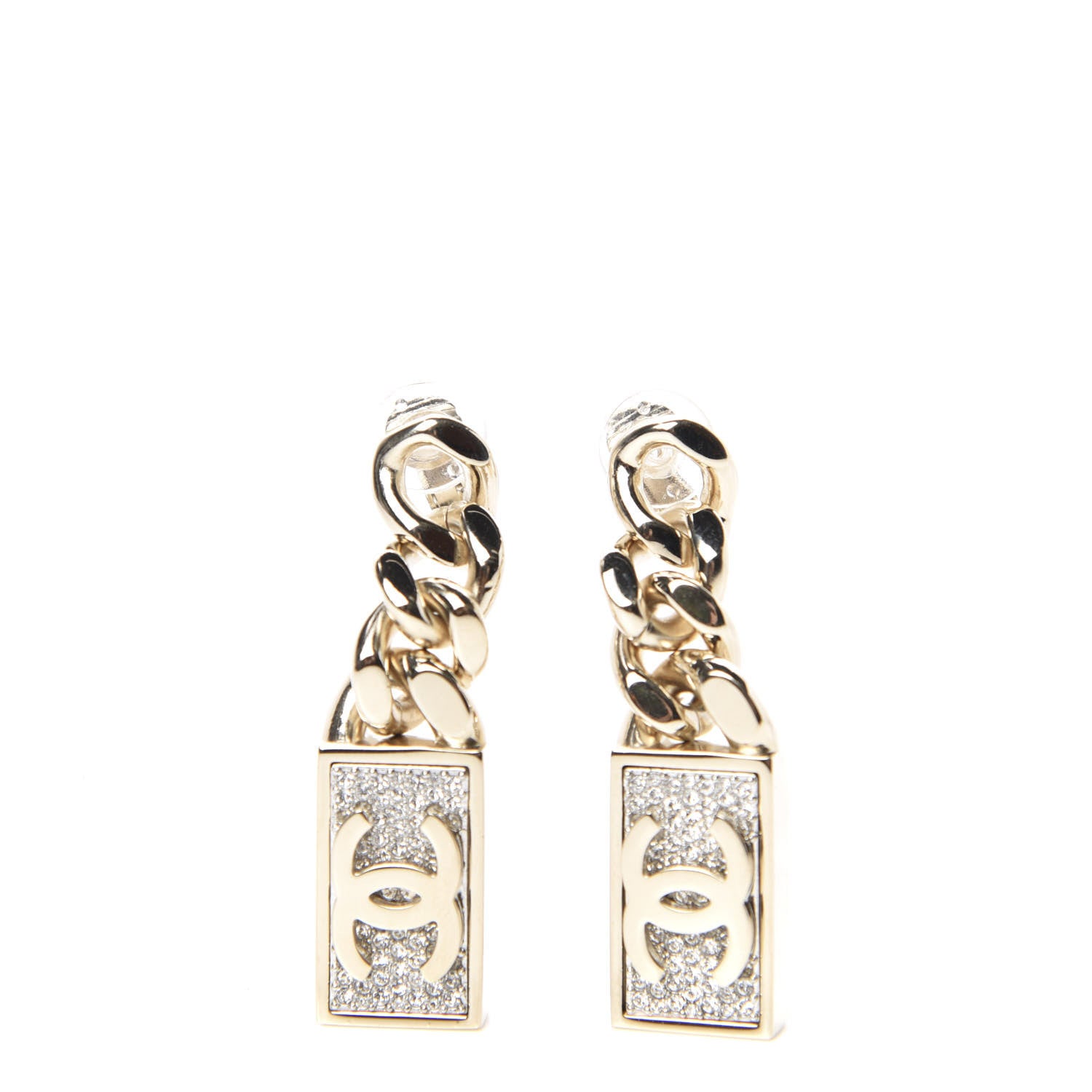 Chanel Crystal Dog Tag Charm Clip On Earrings Gold 1 of 5