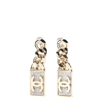 Chanel Crystal Dog Tag Charm Clip On Earrings Gold 1 of 5