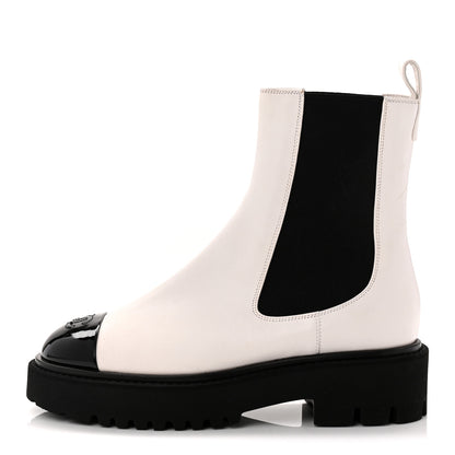 Chanel Patent Calfskin Cap Toe CC Ankle Boots 37.5 White Black 1 of 10