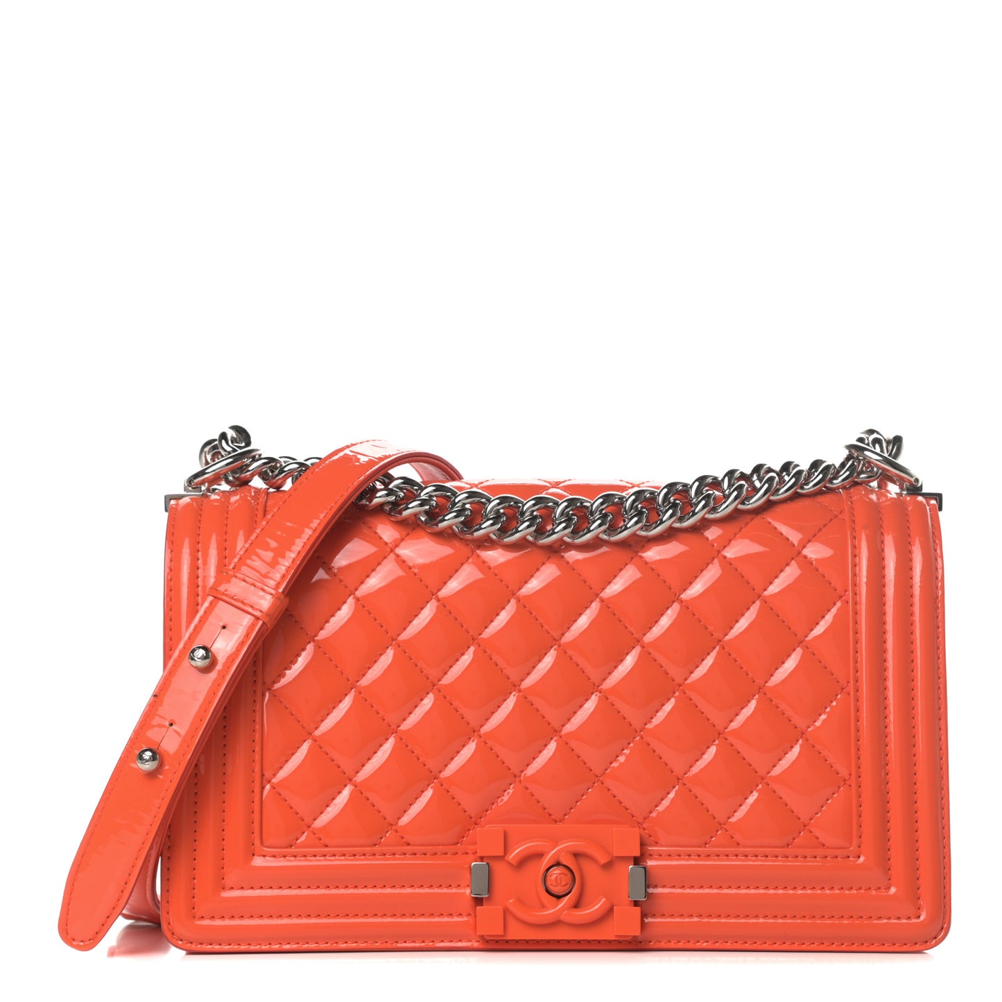 Patent Calfskin Quilted Medium Plexiglass Boy Flap Orange