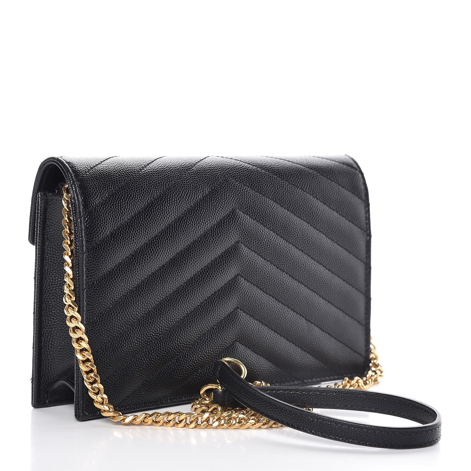 Saint Laurent Grain De Poudre Matelasse Chevron Monogram Envelope Chain Wallet Black 3 of 10