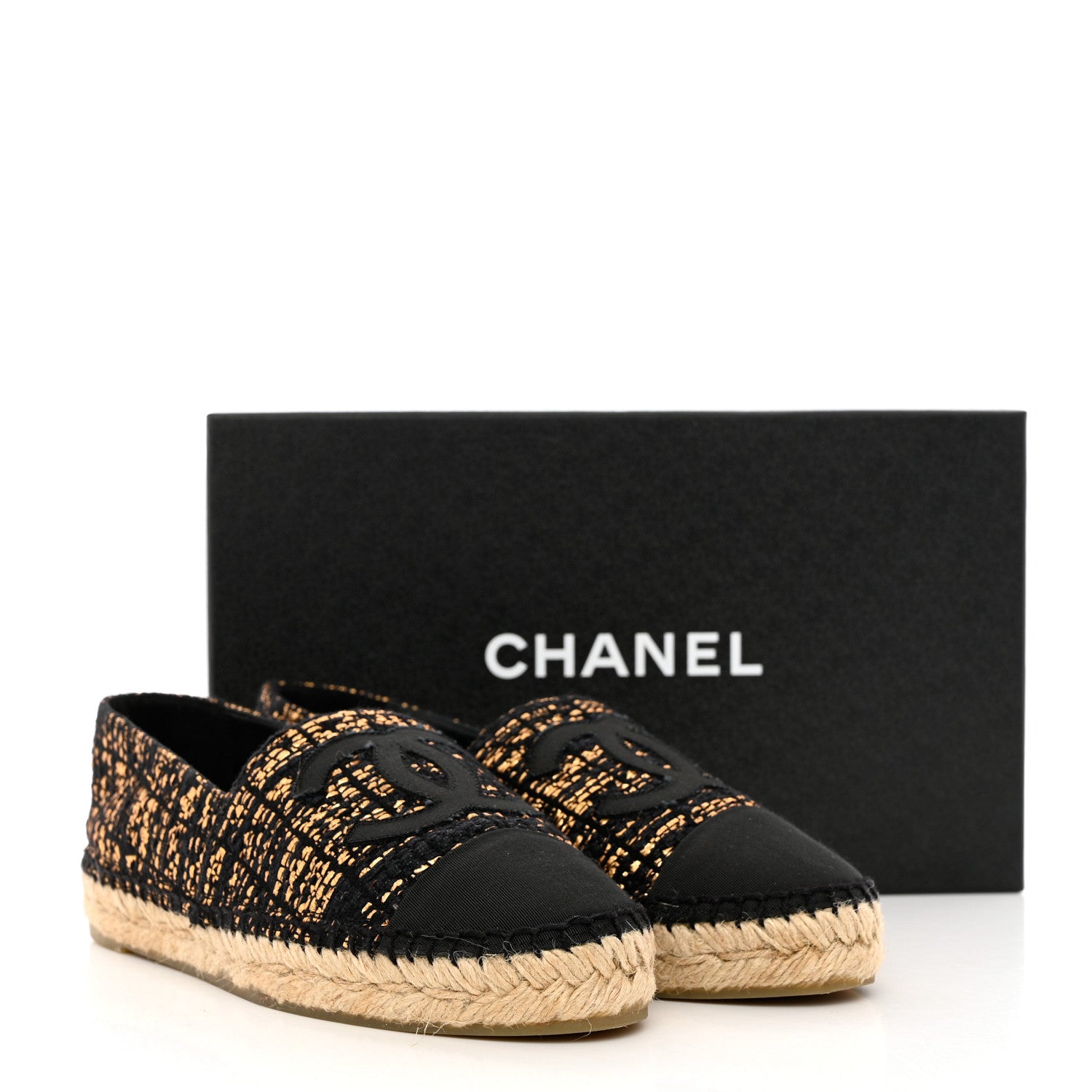 Chanel Metallic Tweed Grosgrain CC Espadrilles 38 Gold Black 9 of 9