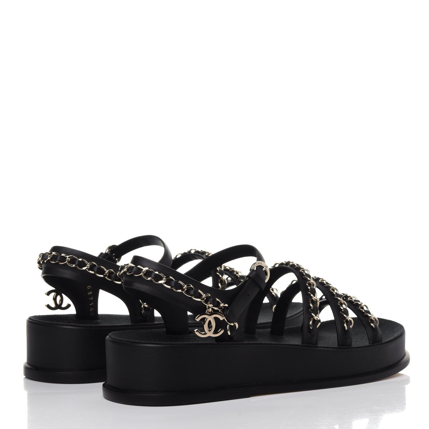 Calfskin Chain Platform Sandals 36 Black