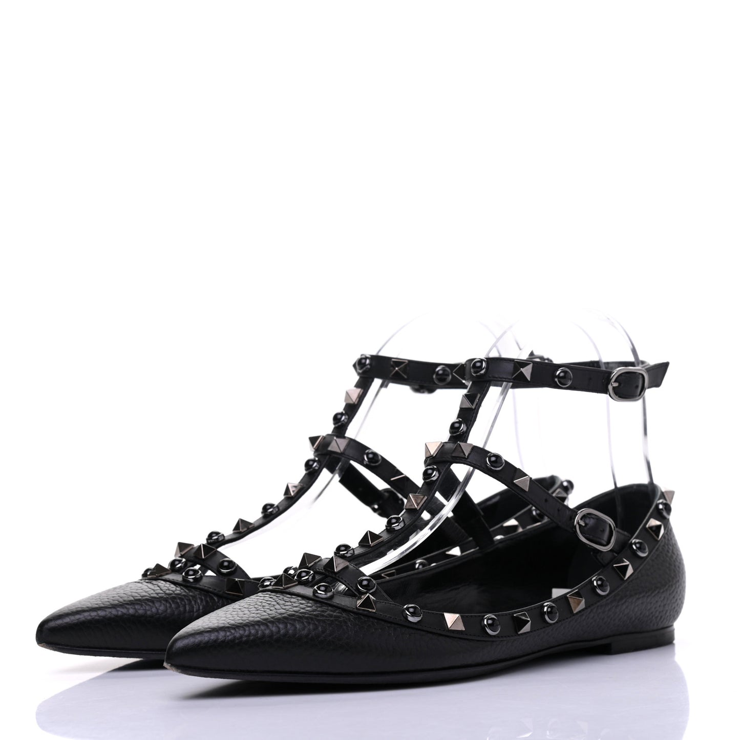 Pebbled Calfskin Onyx Rockstud Rolling Cage Ballerina Flats 38 Black