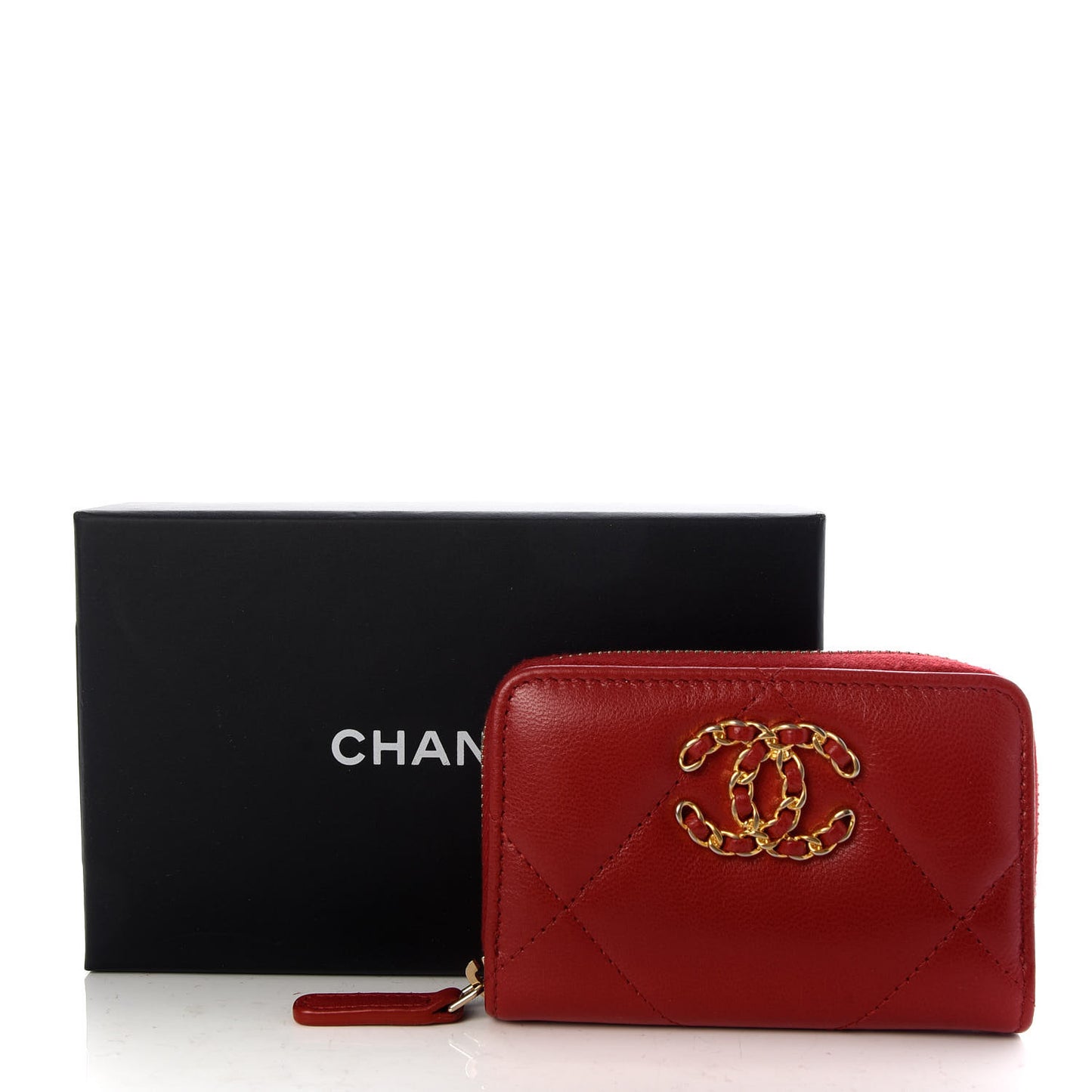Goatskin Quilted Chanel 19 Zip Around Coin Purse Wallet Red