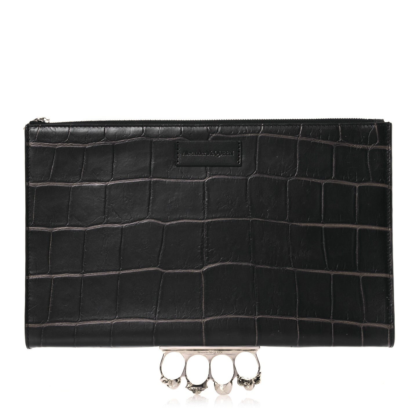 Calfskin Crocodile Embossed Knuckle Flat Zip Clutch Black