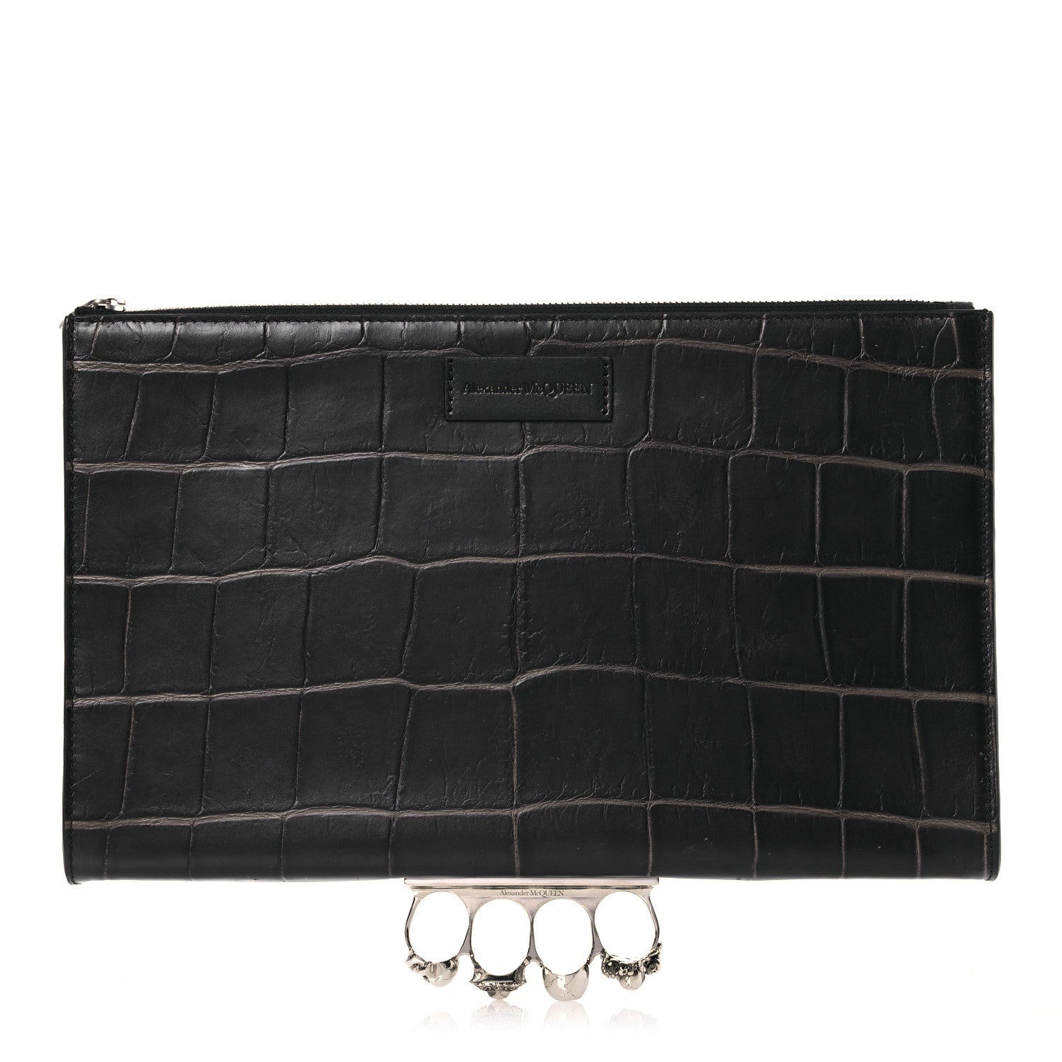 Alexander McQueen Calfskin Crocodile Embossed Knuckle Flat Zip Clutch Black 1 of 16