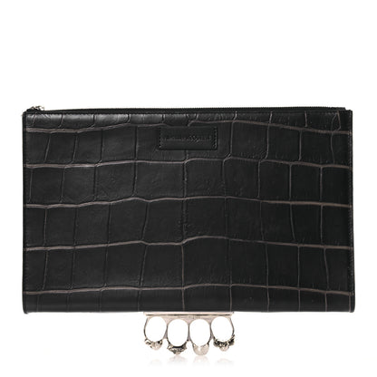 Alexander McQueen Calfskin Crocodile Embossed Knuckle Flat Zip Clutch Black 1 of 16
