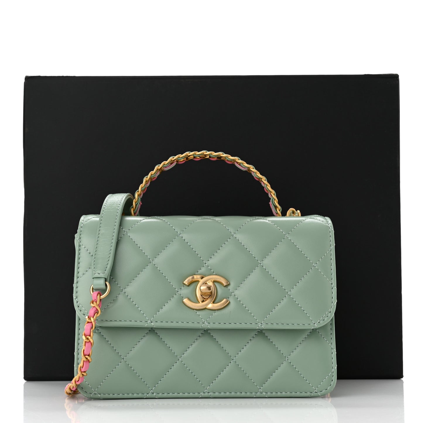 Shiny Calfskin Quilted Mini Metal Top Handle Flap Light Green