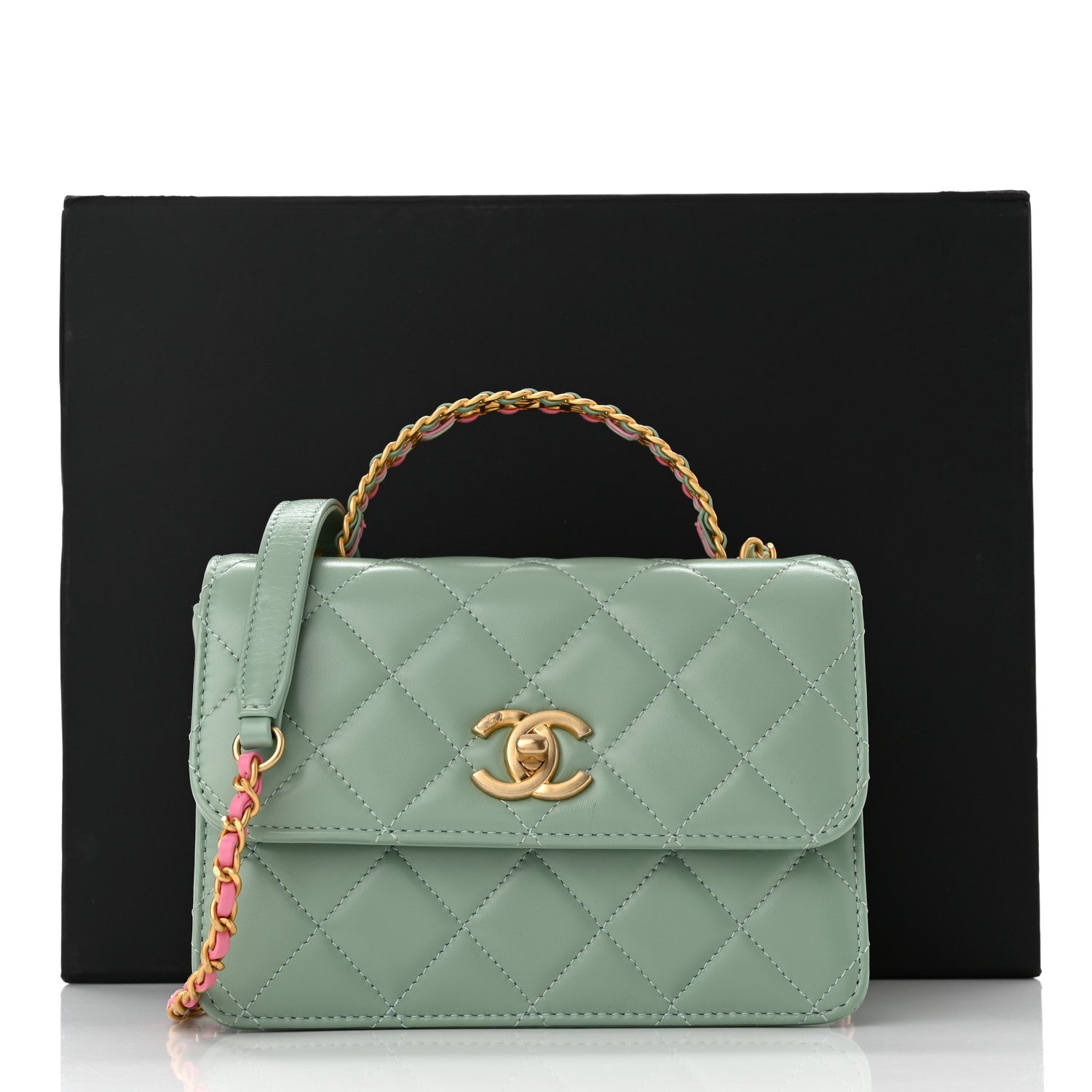 Chanel Shiny Calfskin Quilted Mini Metal Top Handle Flap Light Green 11 of 11