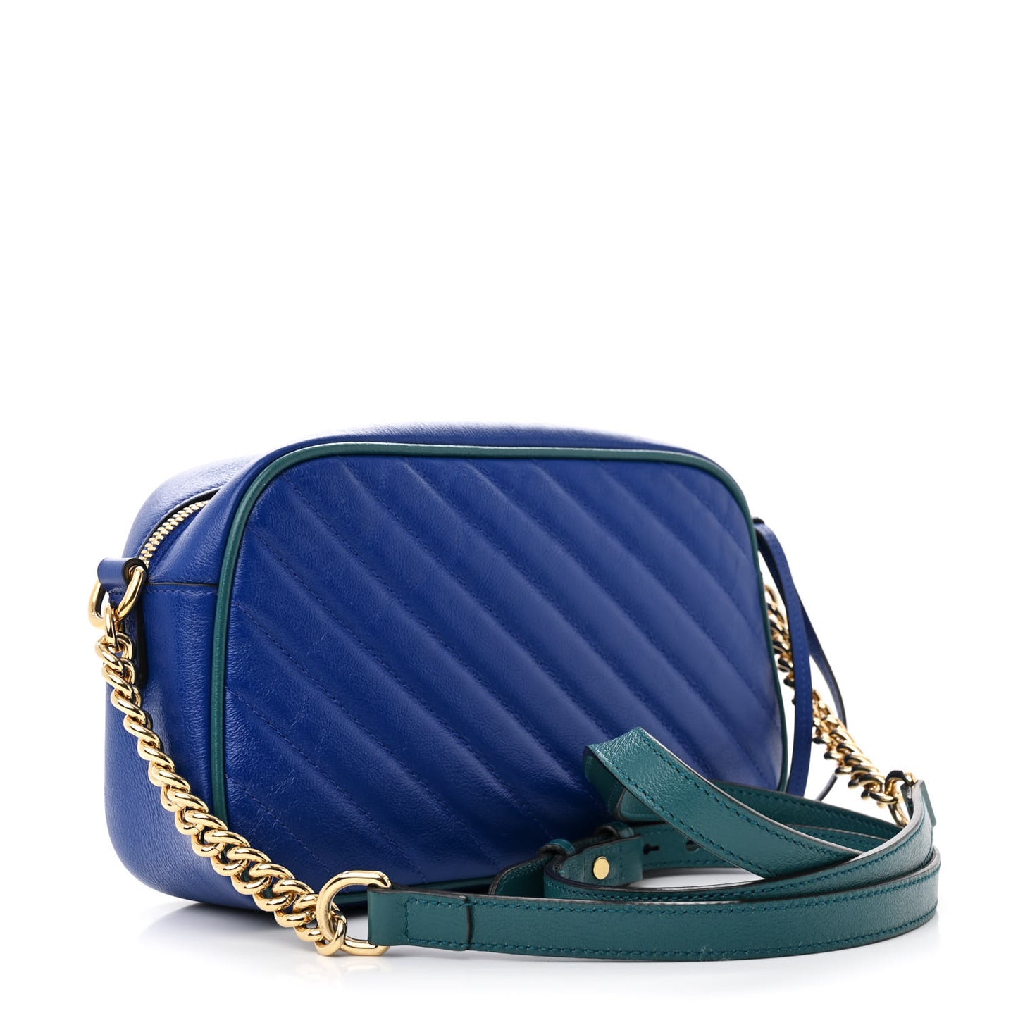 Azalea Calfskin Enamel Matelasse Diagonal Small Torchon GG Marmont Chain Shoulder Bag Imperial Blue Pavone
