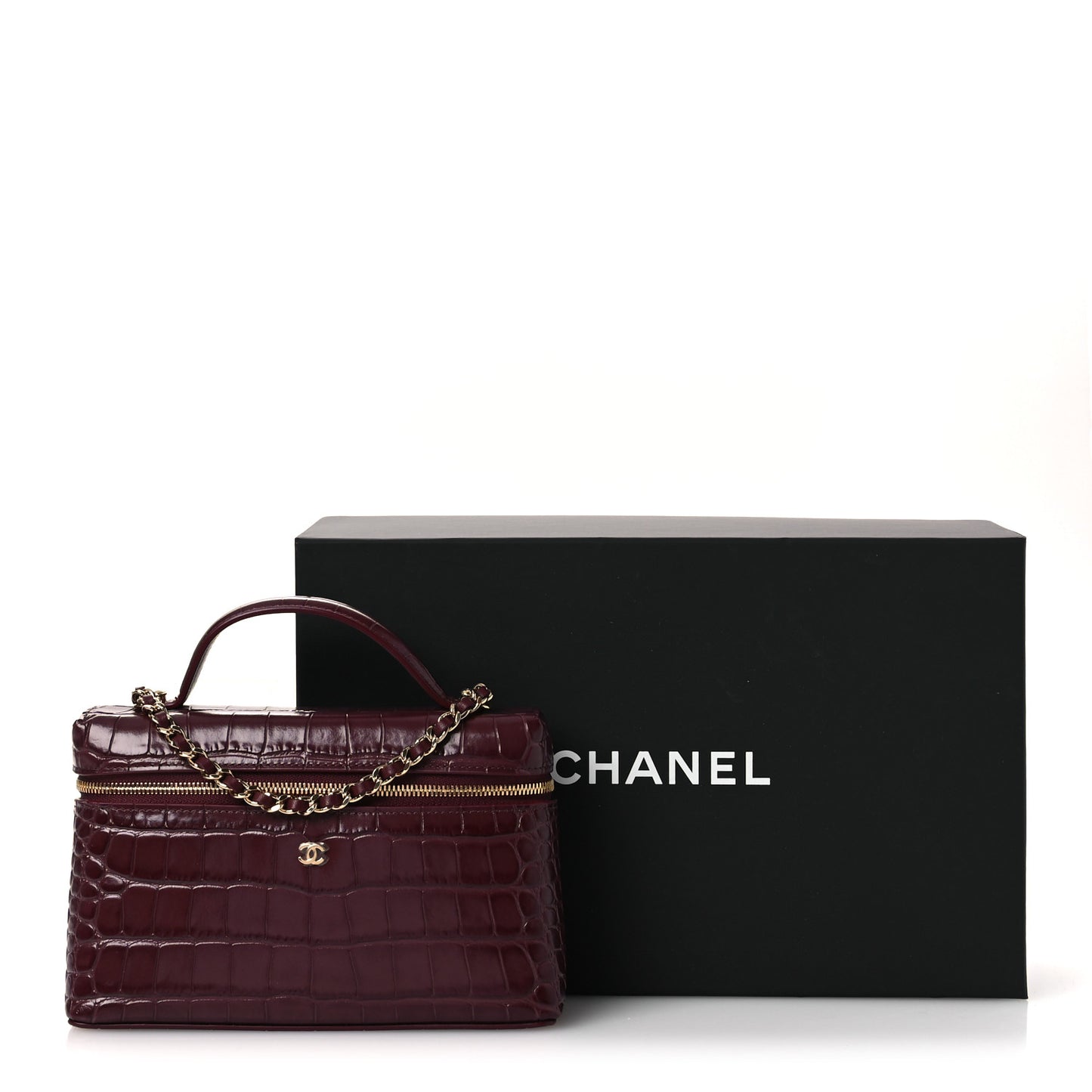 Calfskin Crocodile Embossed Top Handle Vanity Case With Chain  Burgundy