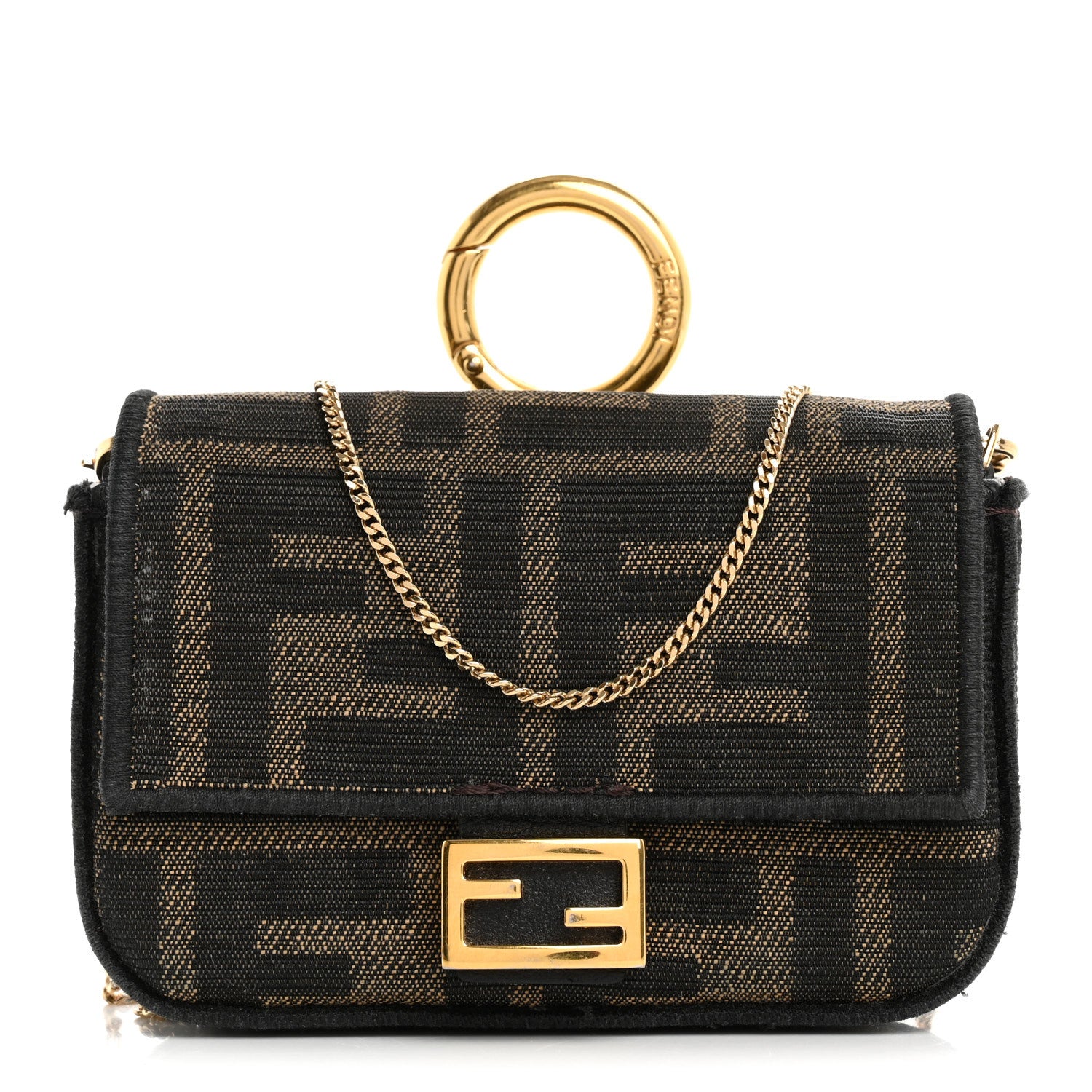 Fendi Fabric Jacquard FF 1974 Nano Baguette Charm Tobacco Moro Black 1 of 16
