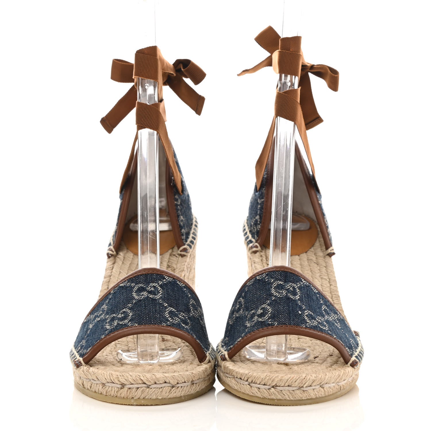 Gucci New Denim GG Monogram Ankle Wrap Espadrille Wedge Sandals 38 Blue Tea Cuir Epilog 2 of 10
