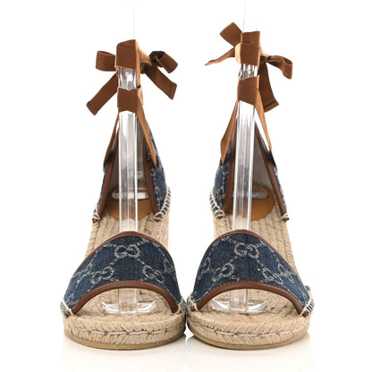 Gucci New Denim GG Monogram Ankle Wrap Espadrille Wedge Sandals 38 Blue Tea Cuir Epilog 2 of 10