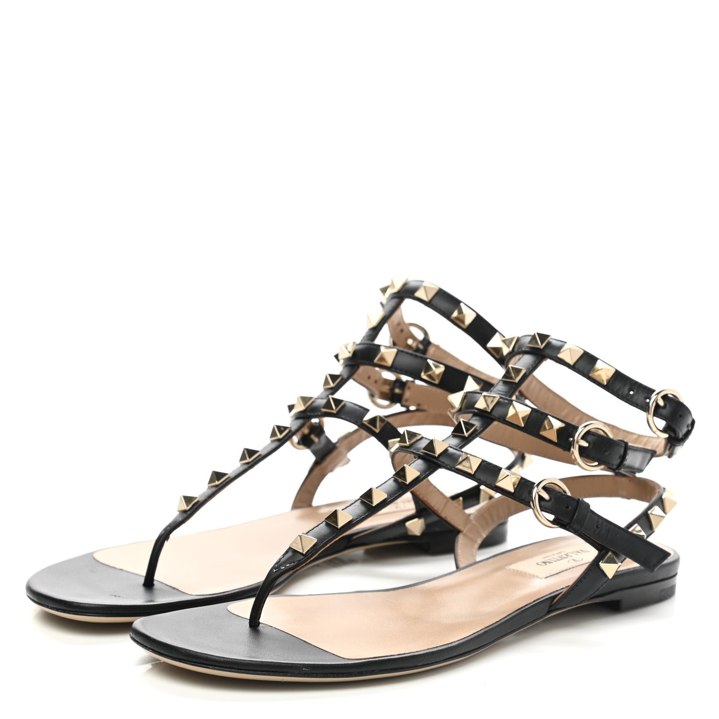 Calfskin Rockstud Ankle Wrap Flat Thong Sandals 36 Black