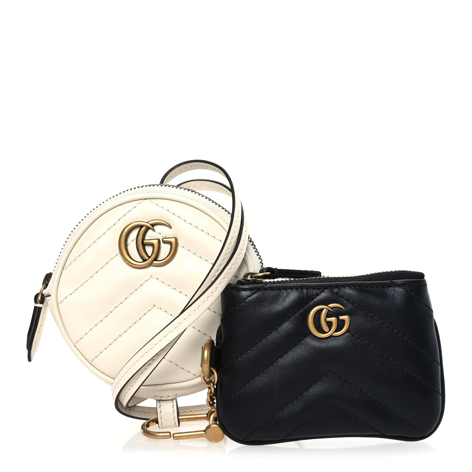 Gucci Calfskin Matelasse GG Marmont Round Coin Purse And Key Case White Black 1 of 8
