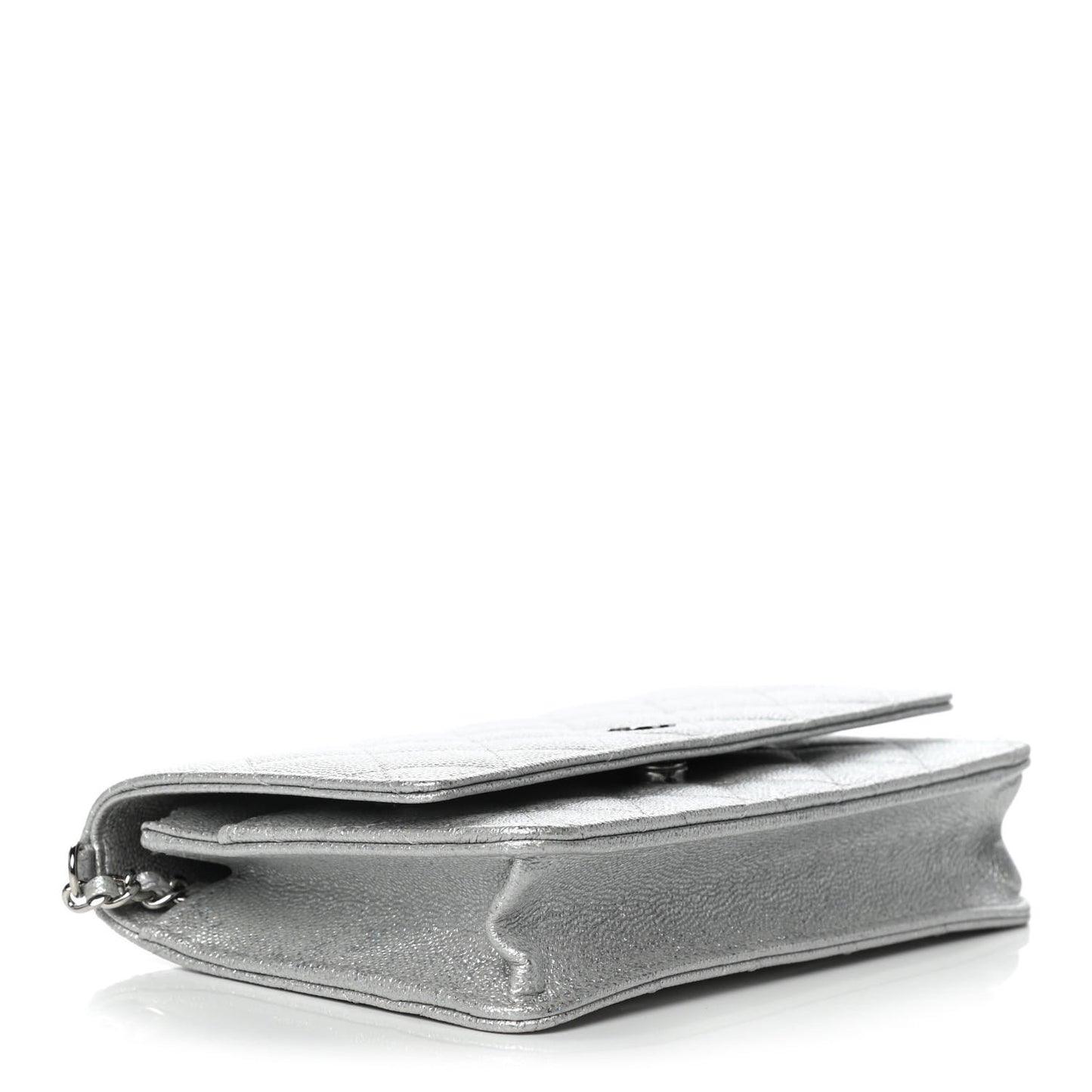 Glittered Metallic Caviar Quilted Wallet On Chain WOC Silver