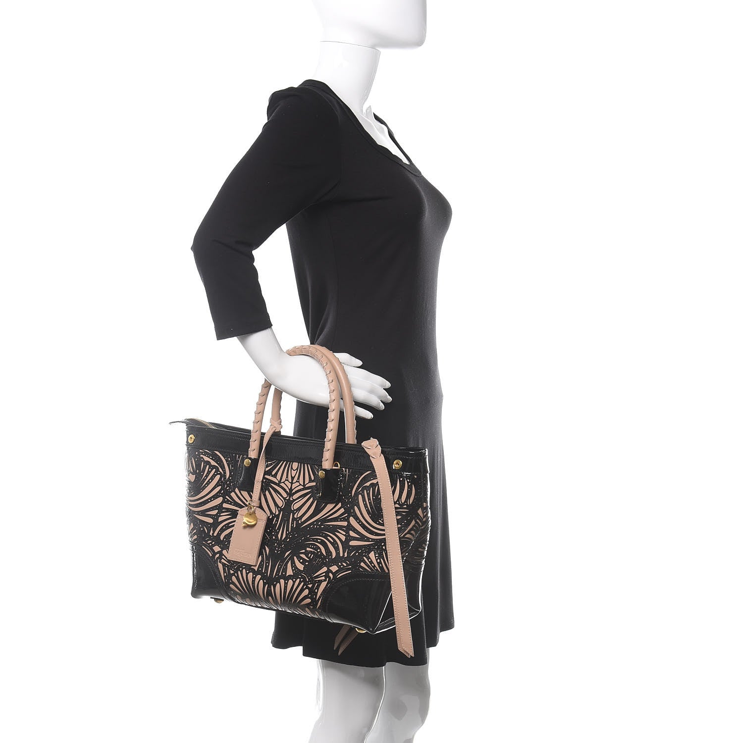 Alexander McQueen Patent Calfskin Bistrot Embossed Folk Tote Bag Black Beige 2 of 9